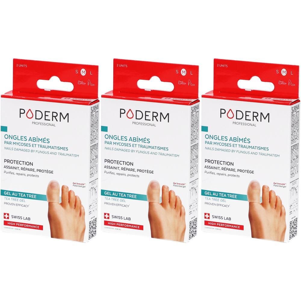 Trois boîtes de Poderm Gel Kappen à l'arbre à thé pour ongles abîmés.