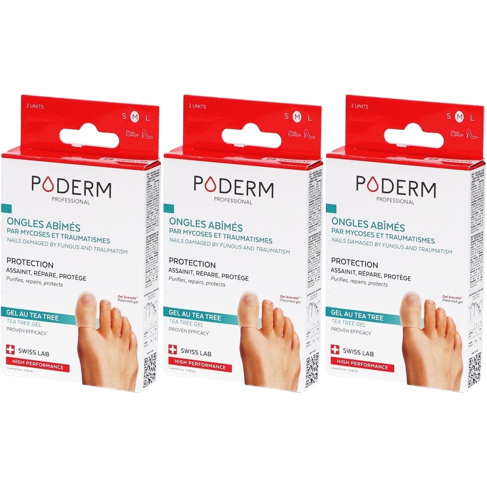 Drei Schachteln PODERM PROF. mit Zehenschutzkappe. Rote und weiße Verpackung. Text: Ongles Abimés, Protection, Gel au Tea Tree, Swiss Lab.