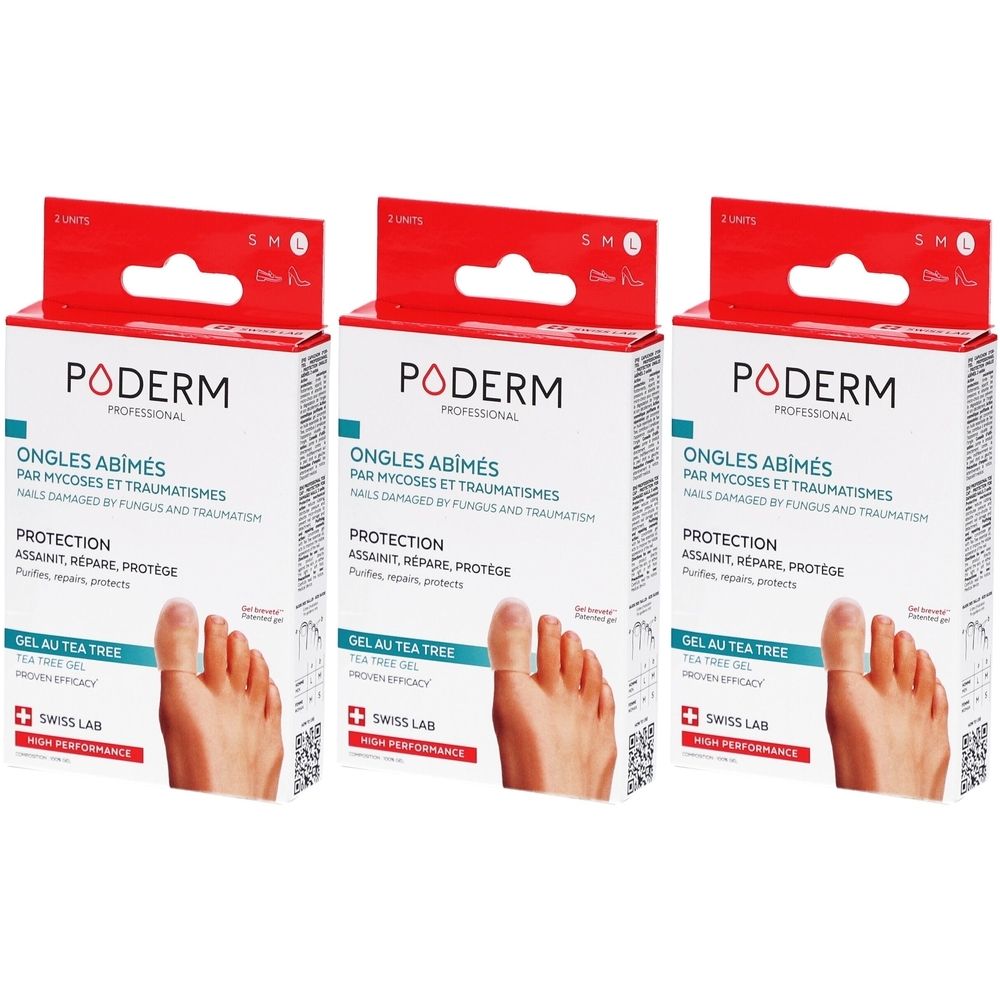 Drei Schachteln Poderm. Rote und weiße Verpackung mit Produktinformationen und Fußabbildung. Größe L.