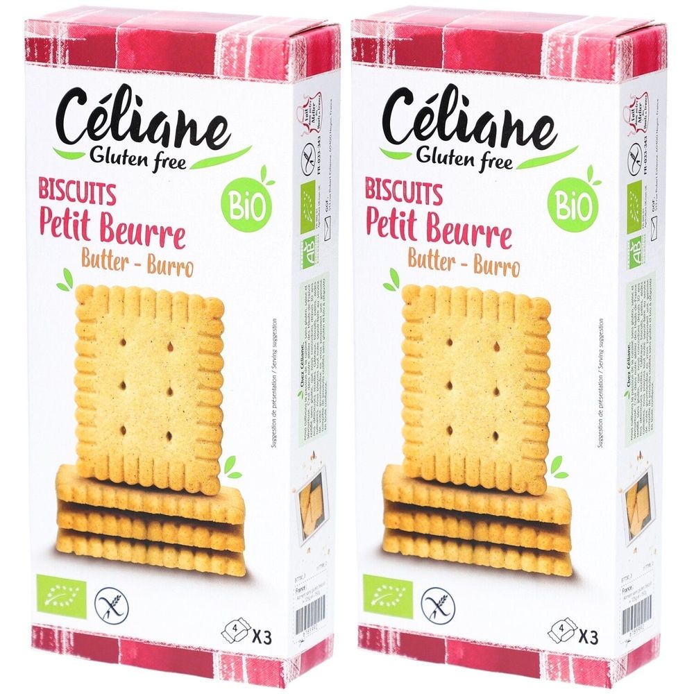 Deux boîtes de biscuits au beurre sans gluten. Inscription : Céliane, Petit Beurre, Bio. Biscuits empilés.