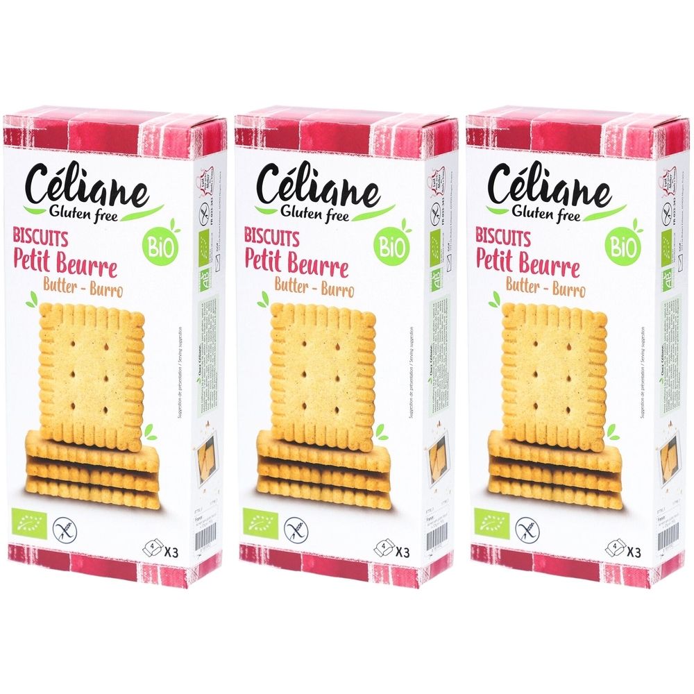 Trois boîtes de biscuits au beurre sans gluten. Inscription : Céliane, Bio, Petit Beurre. On voit les biscuits et le logo.