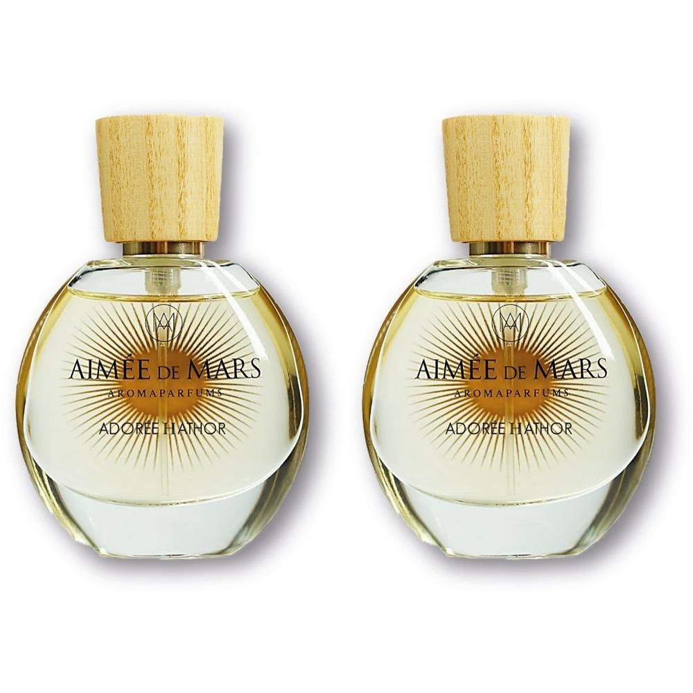 Deux flacons Aimée de Mars Adorée Hathor Eau de Parfum avec bouchon en bois.