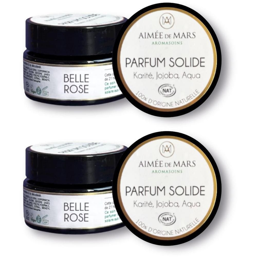 Deux pots de parfum solide avec couvercle noir et étiquette.