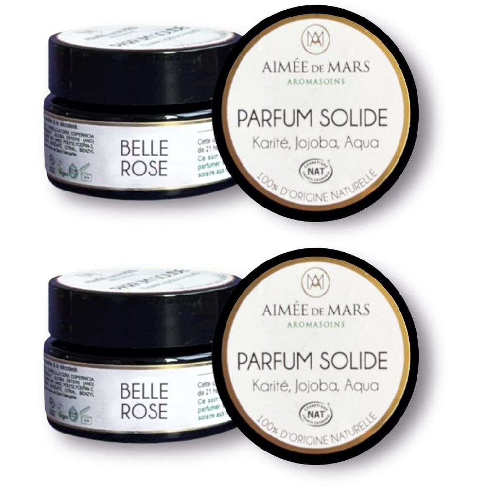 Deux petits pots noirs avec couvercles. Sur les couvercles, on lit "PARFUM SOLIDE" et "AIMÉE DE MARS".