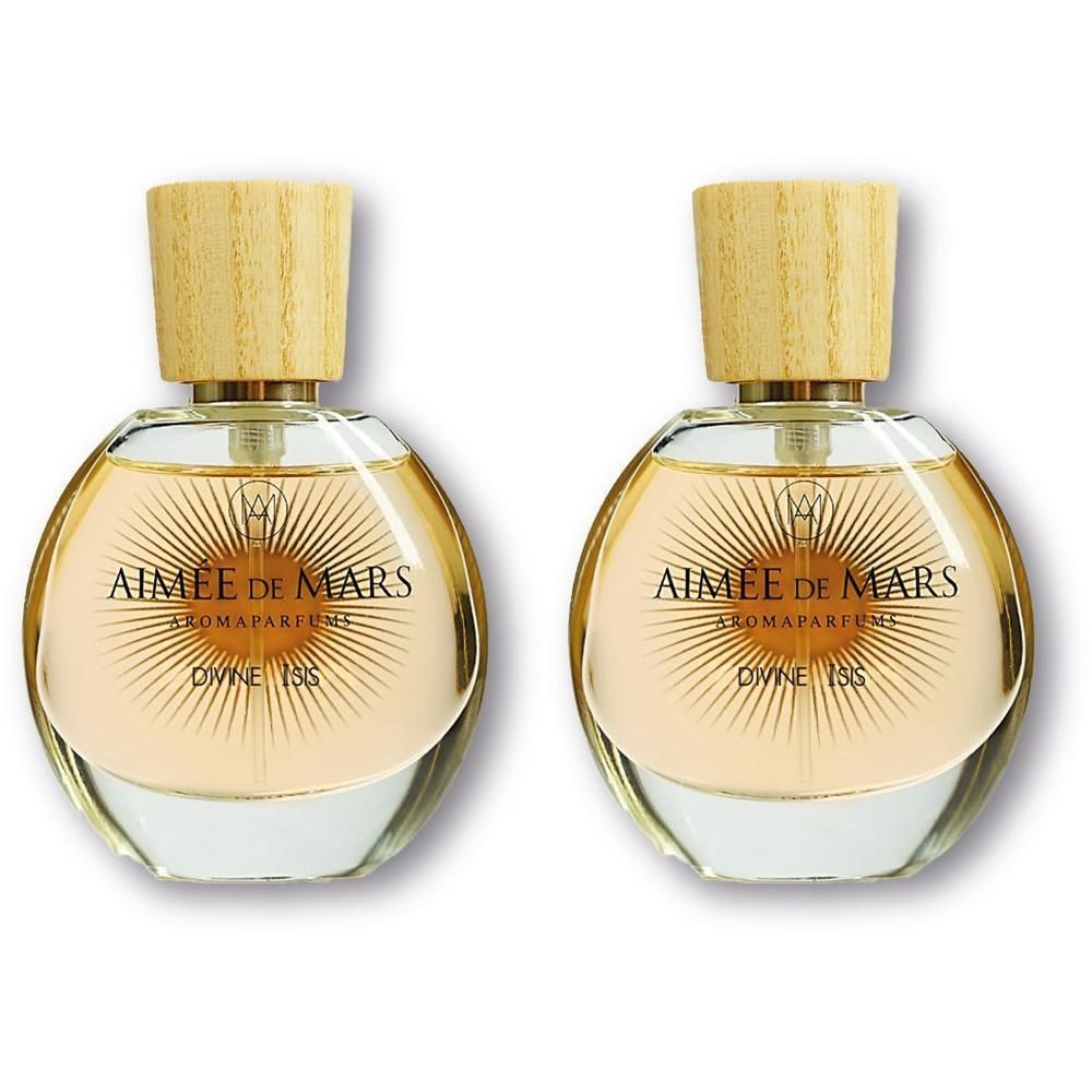 Deux flacons avec bouchon en bois, remplis de parfum clair. Inscription : AIMÉE DE MARS DIVINE ISIS.