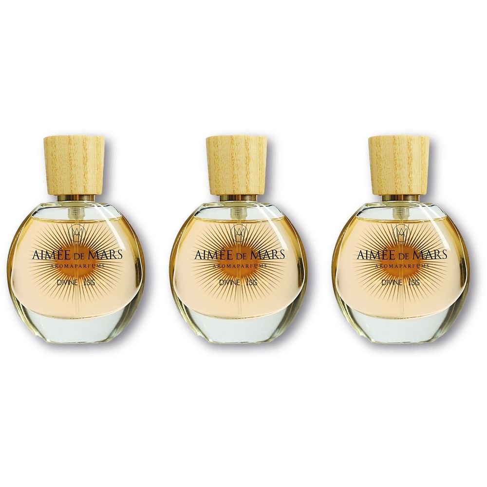 Drei runde Glasflakons mit Holzdeckel. Auf den Etiketten steht "AIMEE DE MARS".