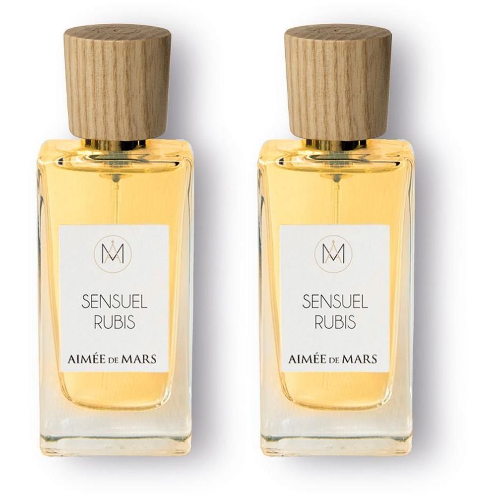 Deux flacons d'Aimée de Mars Sensuel Rubis Eau de Parfum avec bouchon en bois.