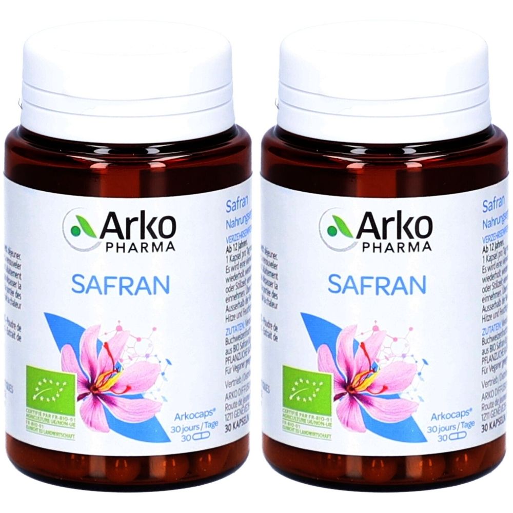 Deux flacons bruns avec des couvercles blancs. Étiquettes avec "Arko Pharma SAFRAN" et une fleur. Label bio.