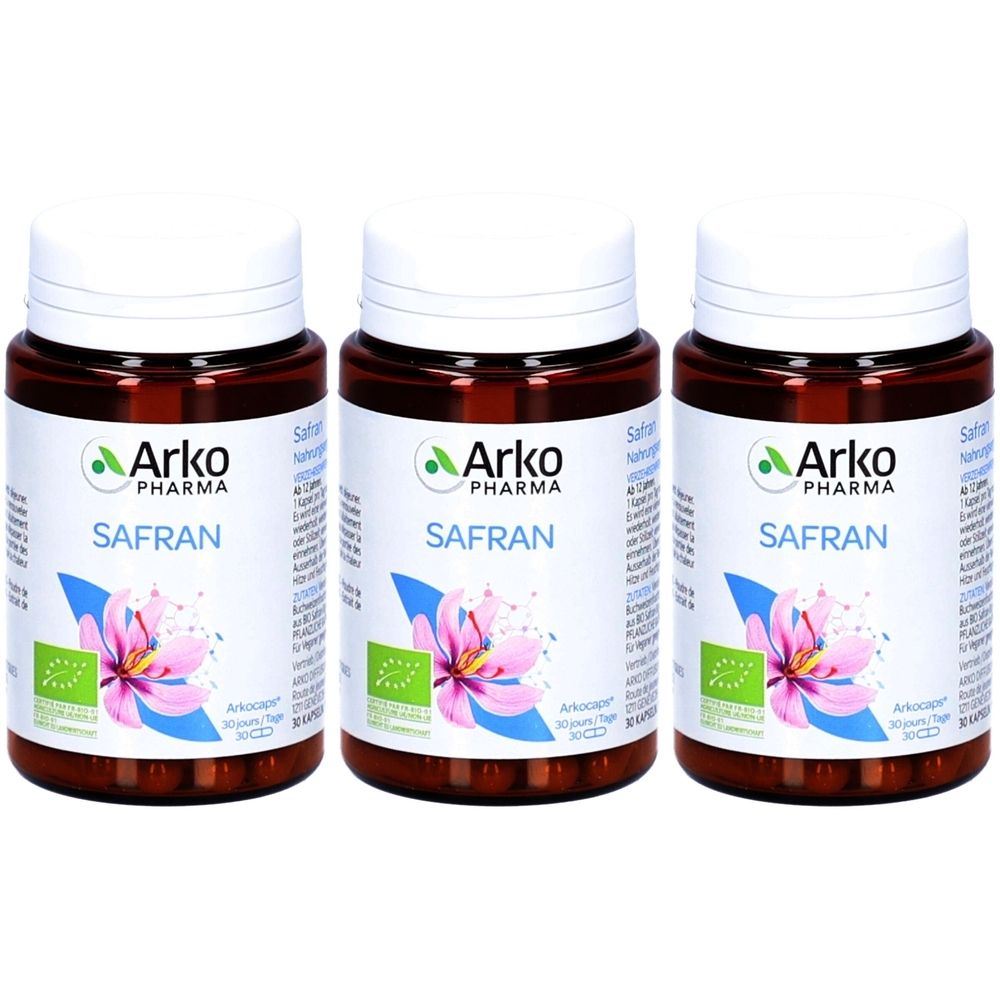 Trois flacons bruns avec couvercles blancs. Inscription: Arko Pharma Safran. Avec label bio et illustration florale.