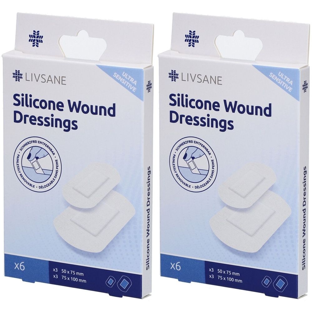 Deux boîtes de pansements. Inscription: LIVSANE, Silicone Wound Dressings, ultra sensitive. Contient 6 pièces. Dimensions visibles.