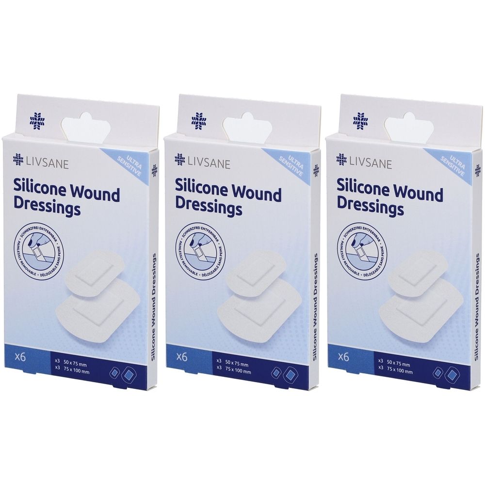 Trois boîtes de pansements LIVSANE Silicone Wound Dressings. Chaque boîte contient six pansements. Texte visible.