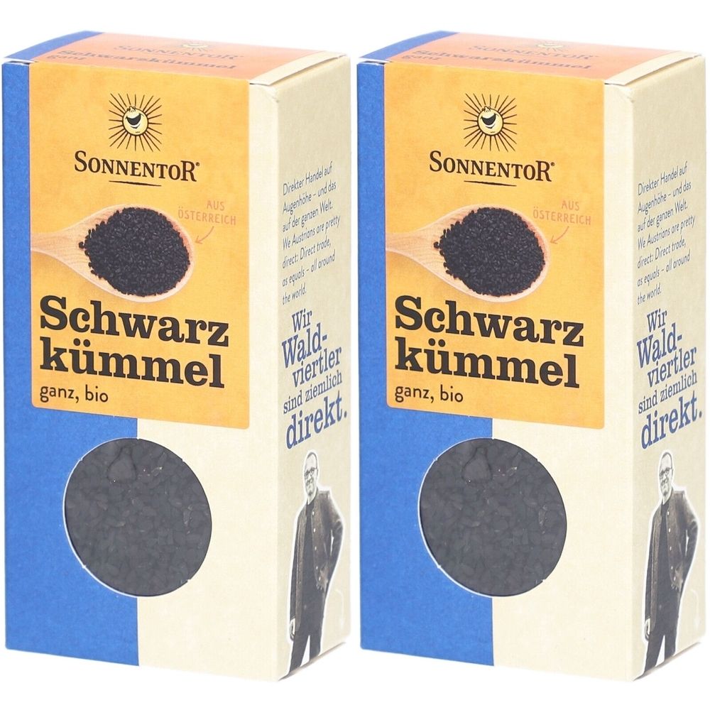 Deux boîtes rectangulaires. Inscription: SONNENTOR, Schwarzkümmel, ganz, bio. Logo: soleil. Accents de couleur bleu et jaune.