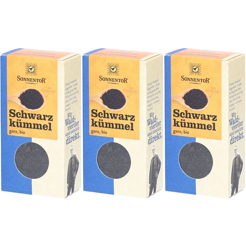 Trois boîtes de "SONNENTOR Schwarzkümmel ganz bio". Chaque boîte montre du cumin noir et du texte. Emballage bleu et beige.