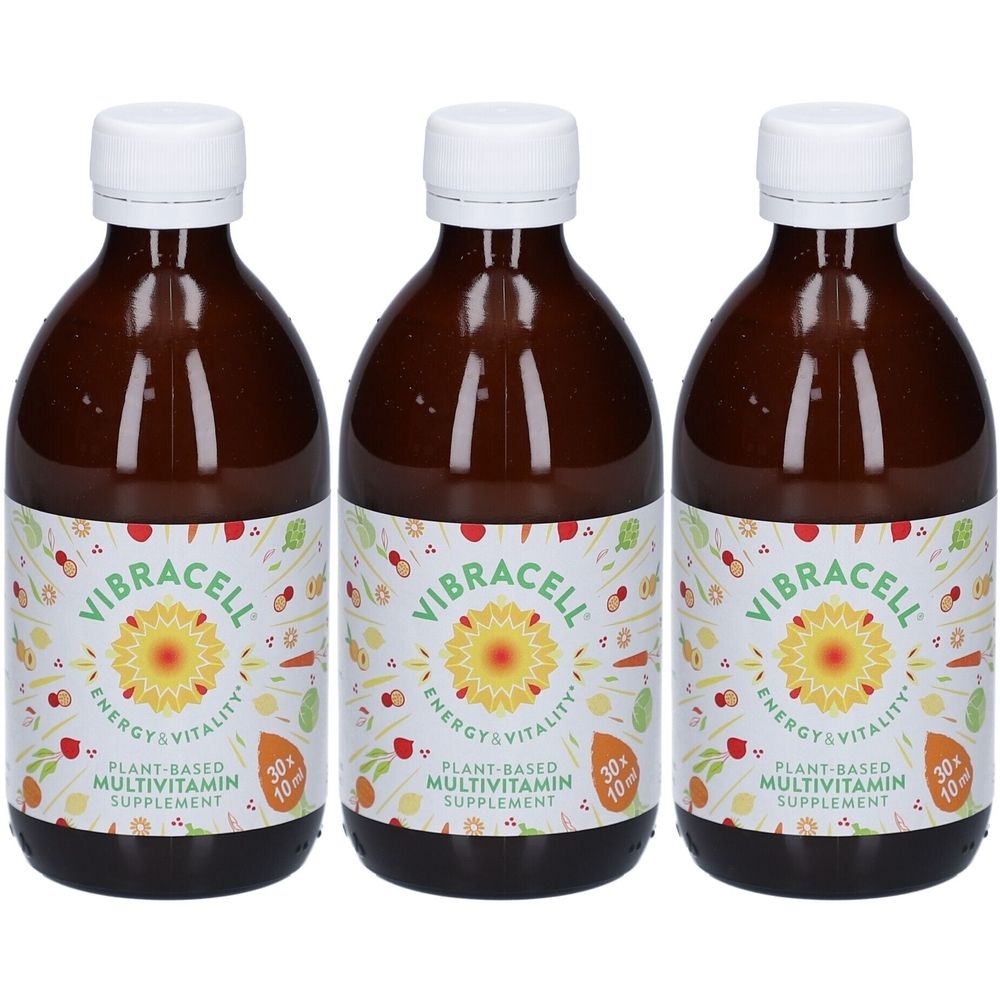 Drei Flaschen mit weißem Deckel und Etikett. Aufschrift: Vibracell, Energie & Vitalität, pflanzliches Multivitamin-Supplement.