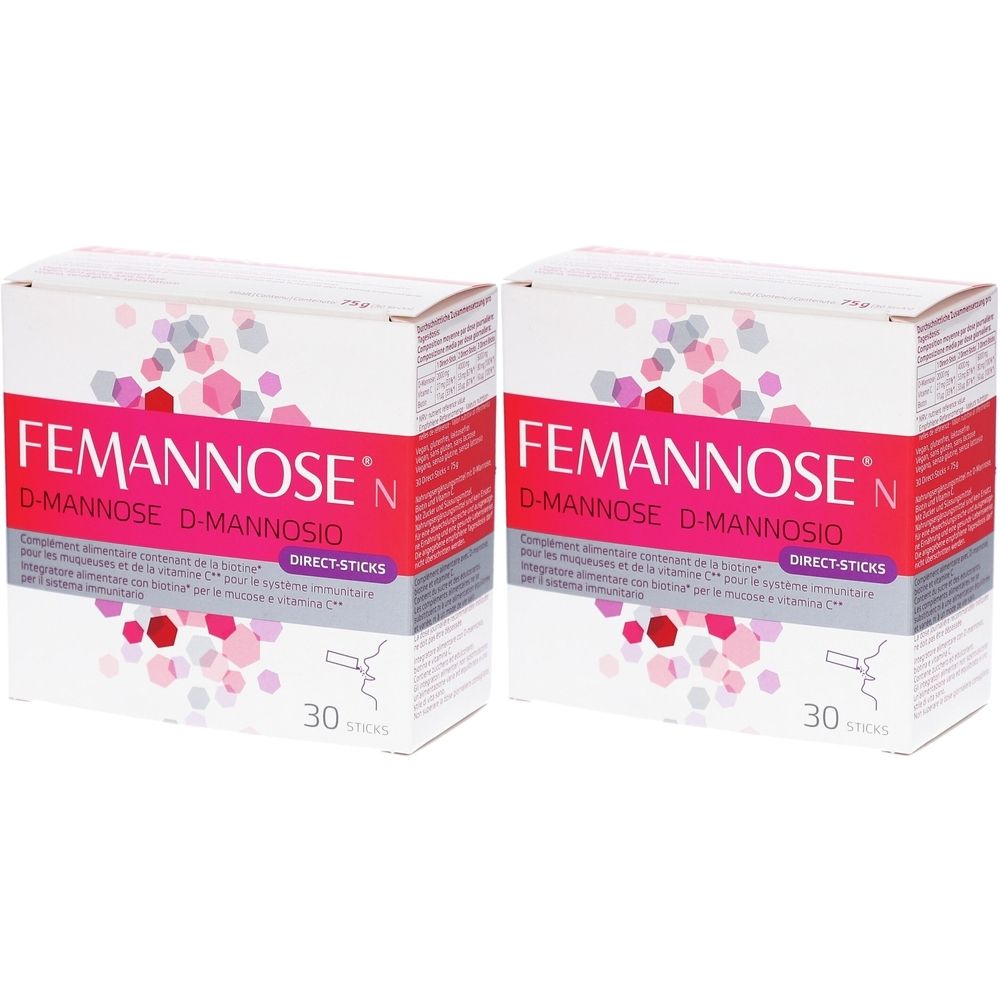Deux boîtes de FEMANNOSE N D-Mannose Direct-Sticks. Chaque boîte indique "30 sticks".