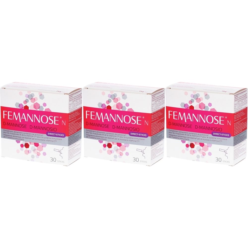Trois boîtes de Femannose N. Inscription : D-Mannose, Direct-Sticks. Emballage de 30 sticks. Couleurs : blanc, rouge, rose.