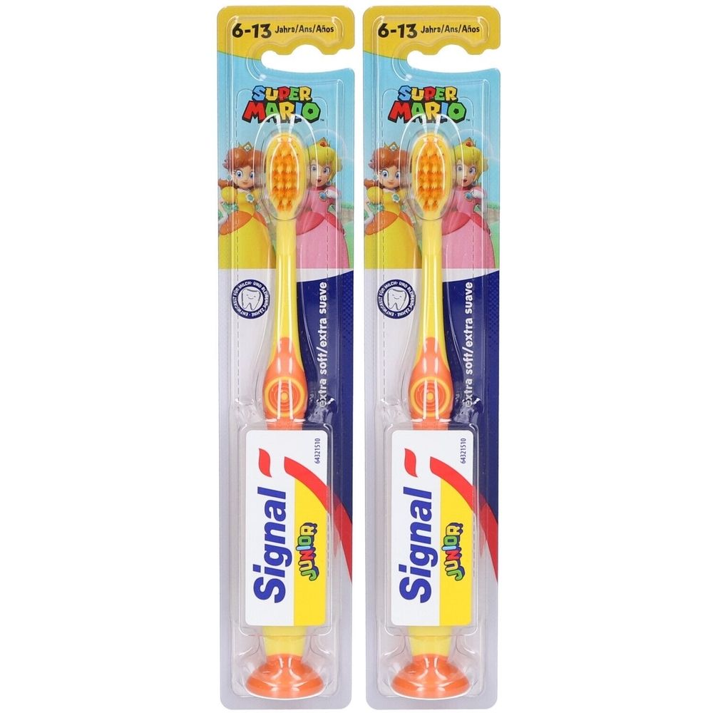 Deux brosses à dents pour enfants, emballées en jaune, orange et bleu. Motif Super Mario et logo Signal Junior. Extra souple.