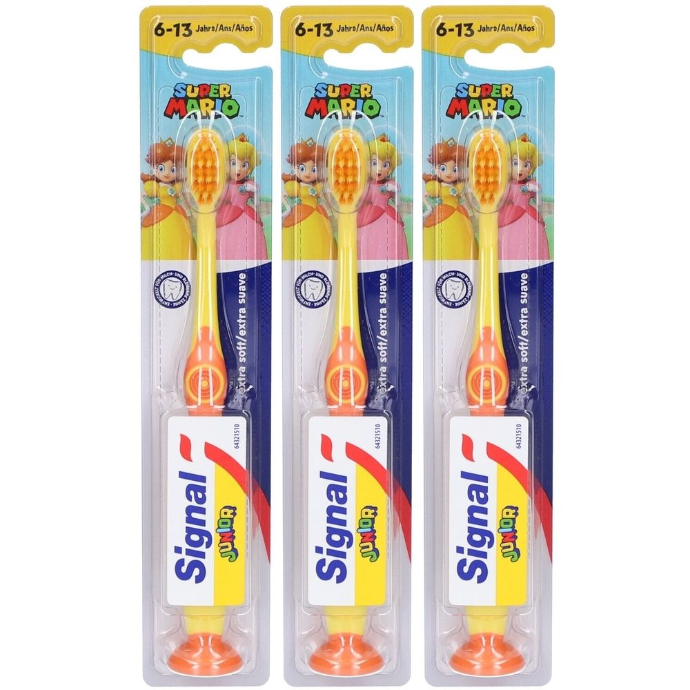 Trois brosses à dents pour enfants, jaune-orange, en emballage blister. Inscription : Signal Junior, Super Mario. Recommandé pour les 6-13 ans.