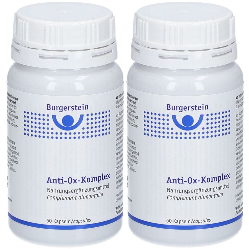 Zwei weiße Flaschen mit Schraubverschluss. Aufschrift: Burgerstein, Anti-Ox-Komplex, Nahrungsergänzungsmittel. 60 Kapseln.