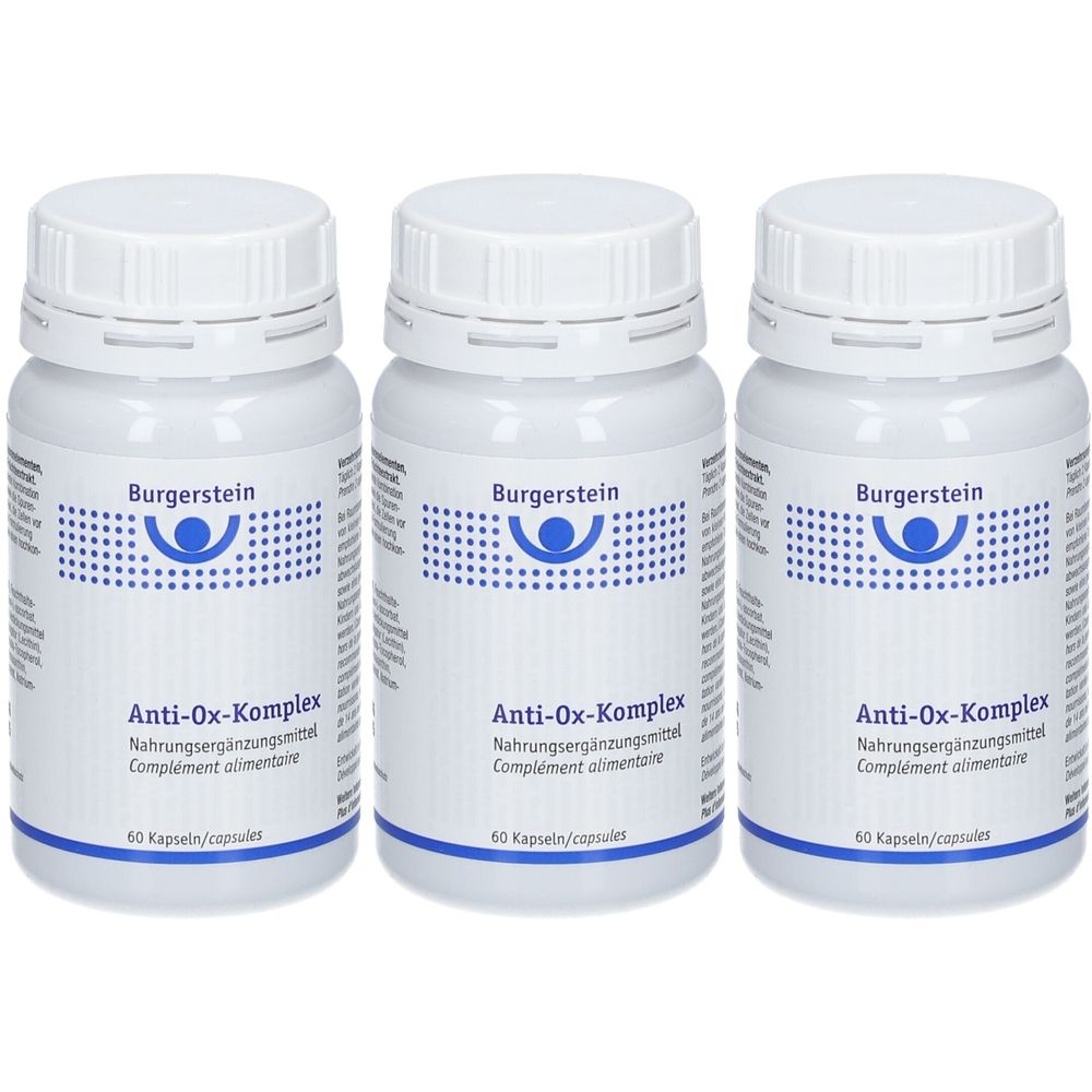 Drei weiße Flaschen mit Schraubverschluss. Aufschrift: Burgerstein Anti-Ox-Komplex. Nahrungsergänzungsmittel. 60 Kapseln.