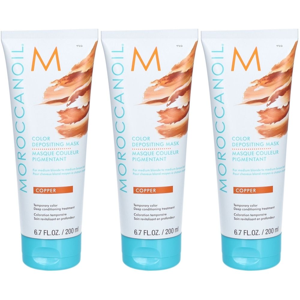 Trois tubes blancs. Chaque tube porte l'inscription "MOROCCANOIL COLOR DEPOSITING MASK COPPER". Bouchon turquoise, 6.7 FL.OZ./200 ml.