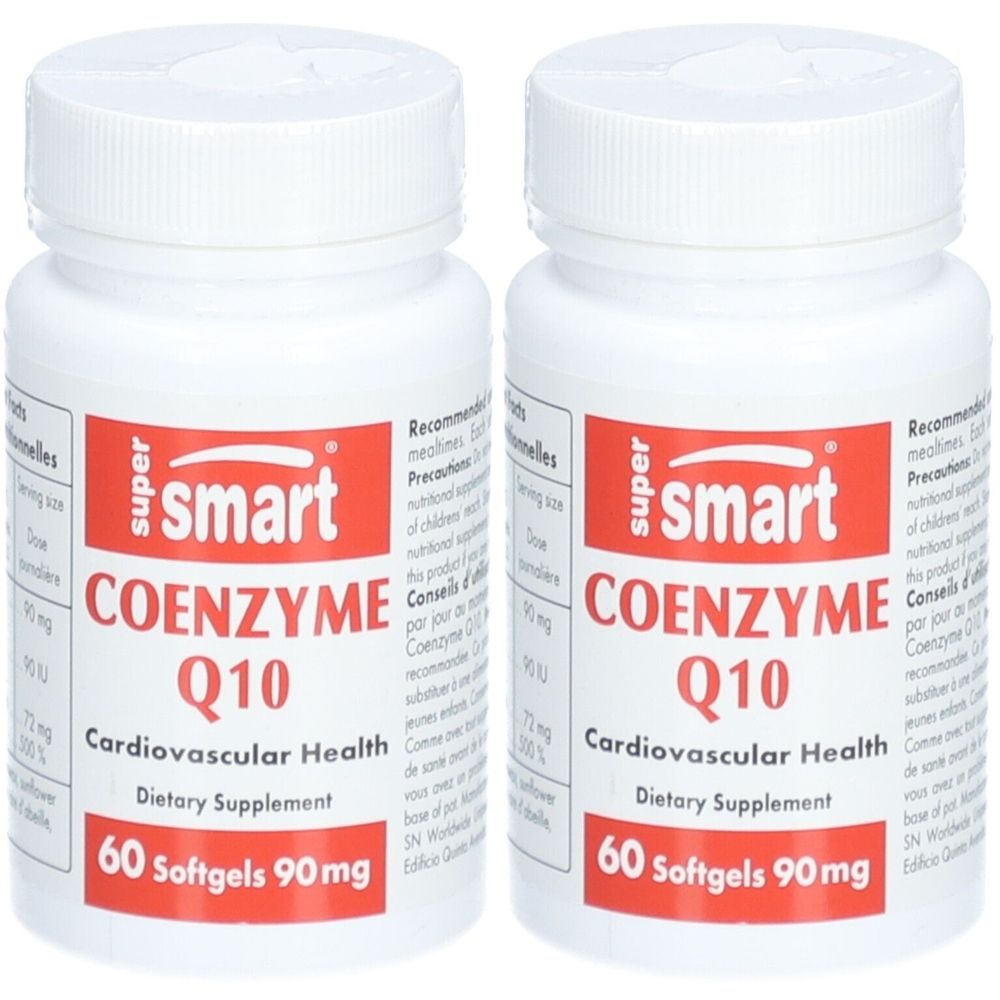 Deux flacons blancs avec bouchons à vis. L'étiquette indique "smart COENZYME Q10". Complément alimentaire avec 60 gélules.