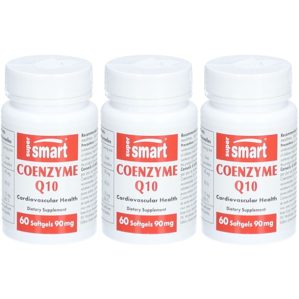 Trois flacons blancs avec bouchons à vis. L'étiquette indique "smart COENZYME Q10" et "60 Softgels 90mg".