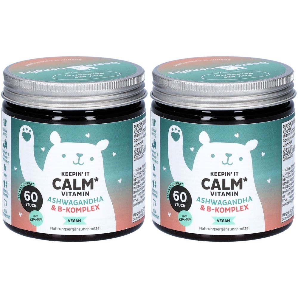Deux pots avec couvercles. Inscription : Keepin' It Calm Vitamin, Ashwagandha & B-Komplex. 60 pièces. Vegan.