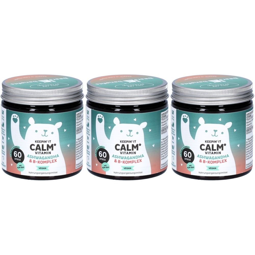 Trois pots avec couvercles. Sur chaque pot : Keepin' It Calm, Vitamine, Ashwagandha & B-Komplex. 60 pièces. Vegan.