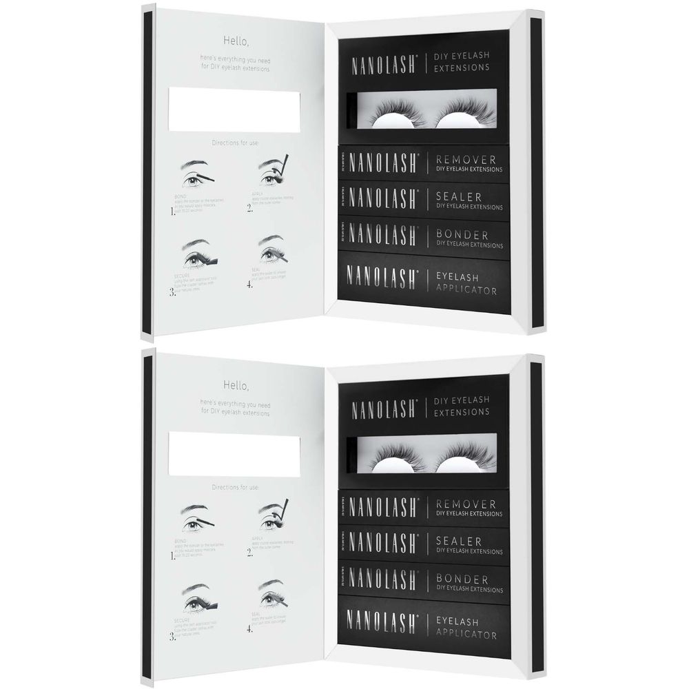 Kit de démarrage Nanolash® DIY CLASSY ouvert. Contient des extensions de cils, un dissolvant, un scellant, une colle et un applicateur.