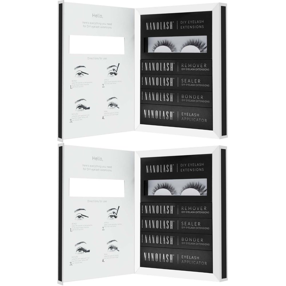 Étui de kit d'extension de cils. Contient des cils, un dissolvant, un scellant, un liant et un applicateur. Marque : Nanolash.
