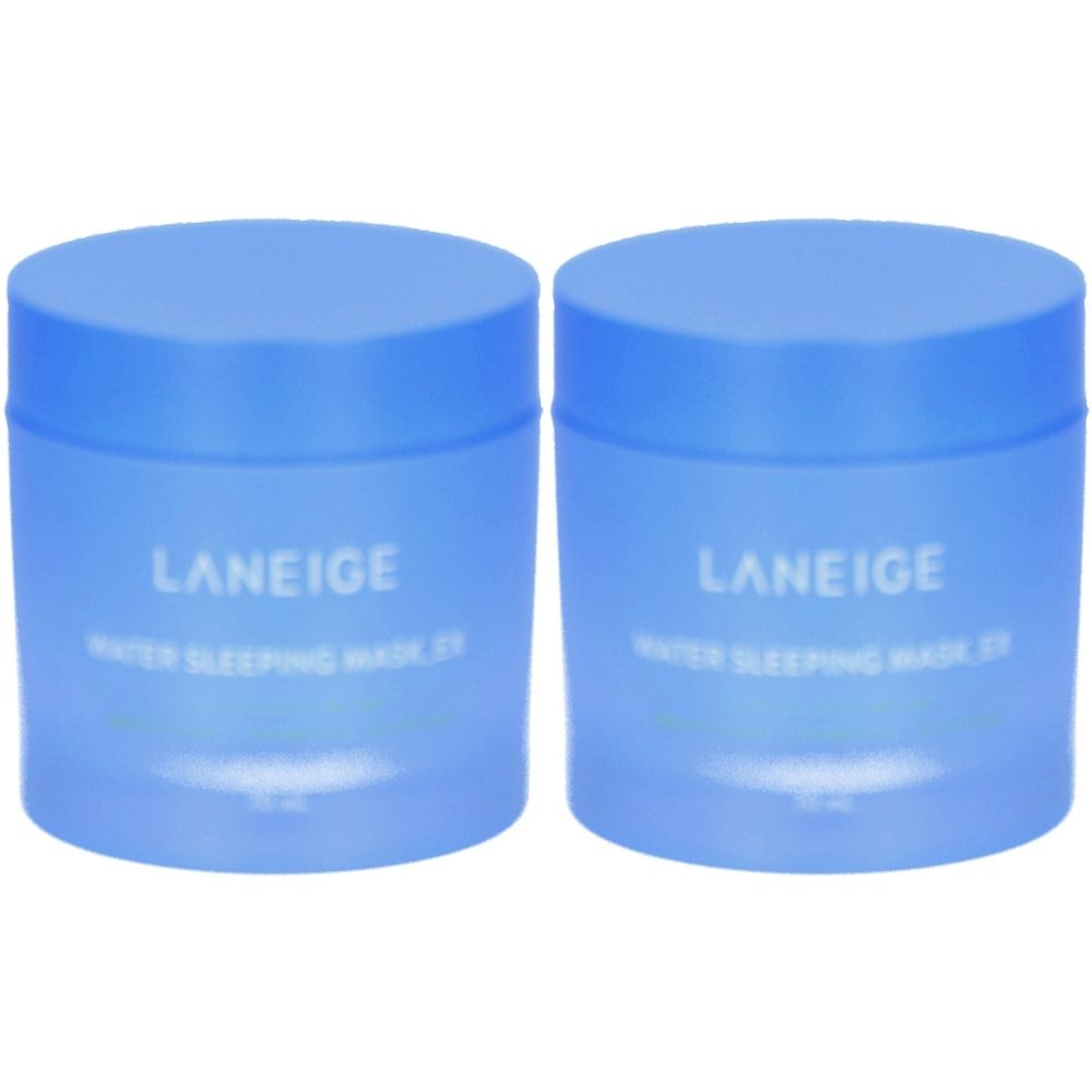 Deux pots bleus avec couvercles. Inscription LANEIGE et WATER SLEEPING MASK EX. Produit cosmétique.