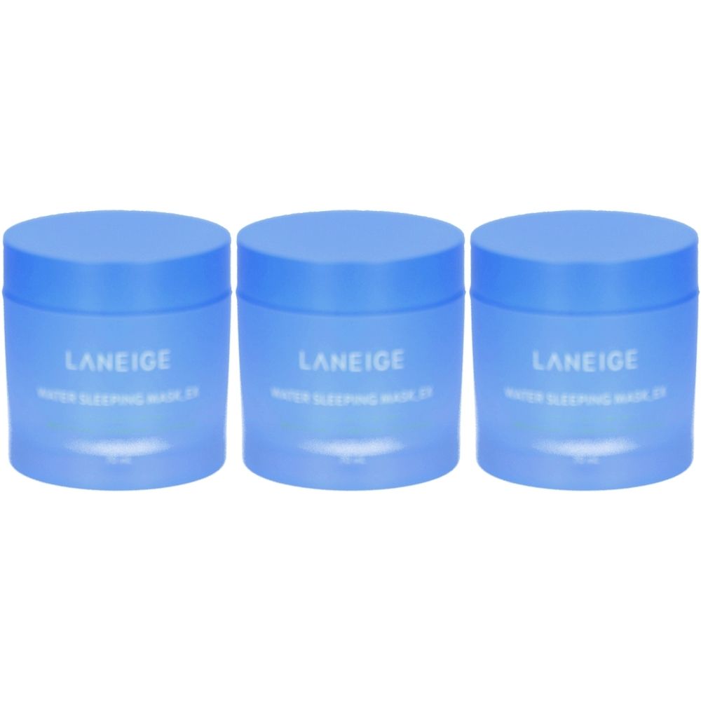 Trois pots bleus avec couvercles. Sur le devant, LANEIGE et en dessous Water Sleeping Mask EX. Les pots sont disposés côte à côte.