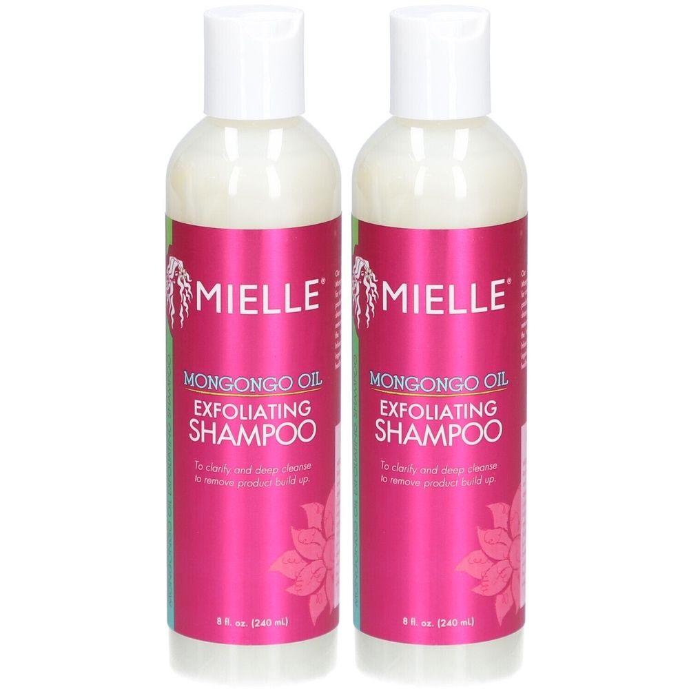 Deux bouteilles de shampooing exfoliant à l'huile de Mongongo Mielle Organics. Bouteilles blanches avec étiquettes roses. Texte : Mielle, Mongongo Oil, Exfoliating Shampoo.