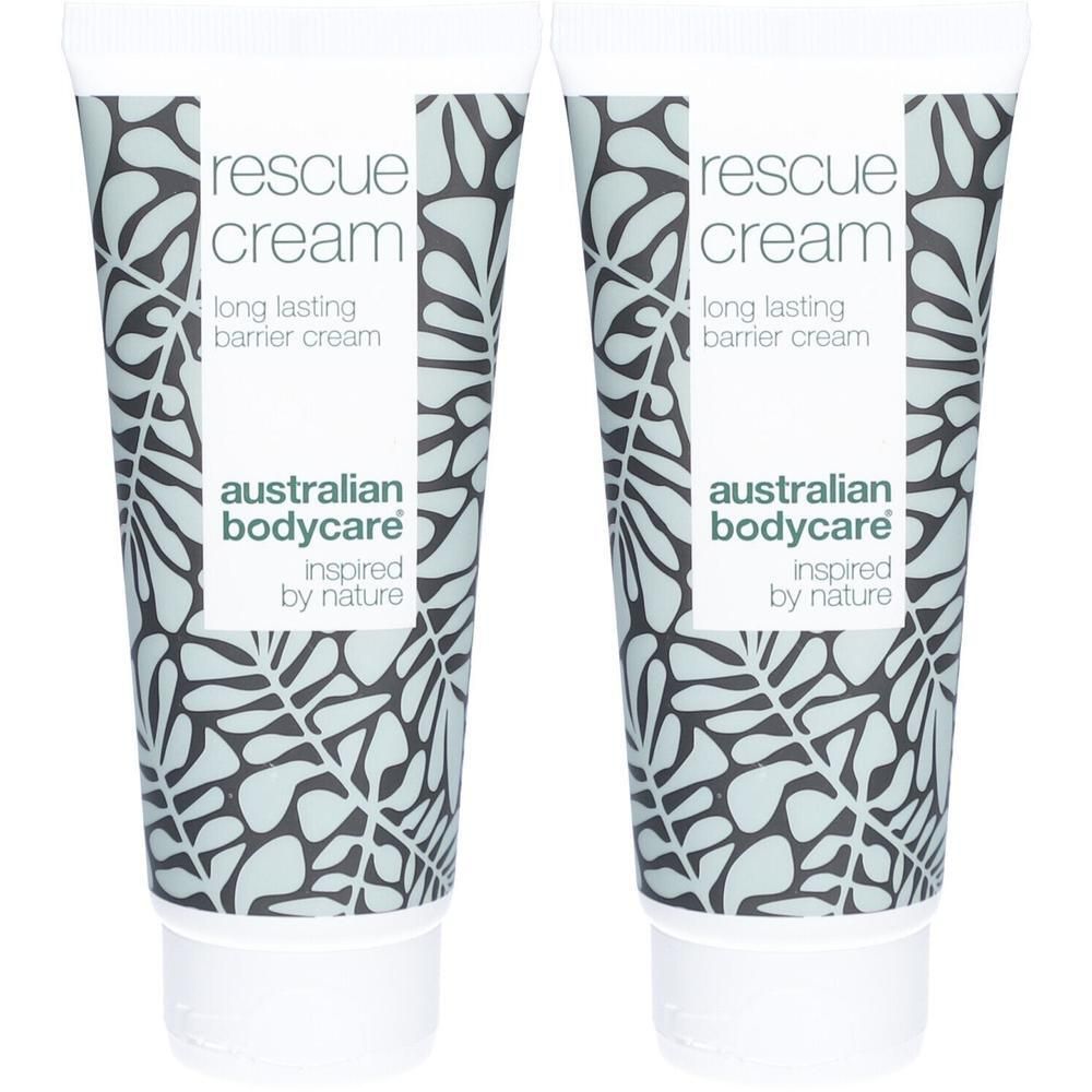 Deux tubes de crème barrière. Inscription: rescue cream, long lasting barrier cream. Marque: Australian Bodycare.
