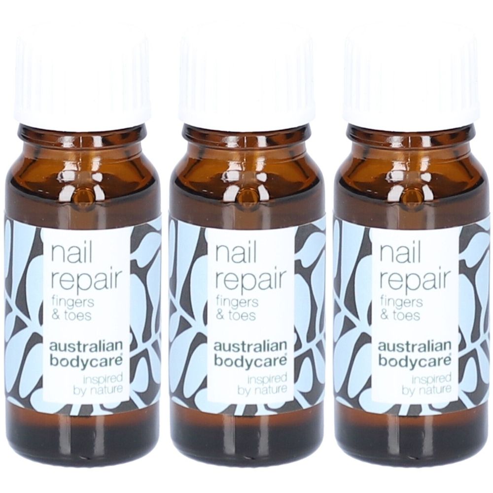 Drei braune Glasflaschen mit weißen Deckeln. Auf den Etiketten steht "nail repair fingers & toes" und "australian bodycare".