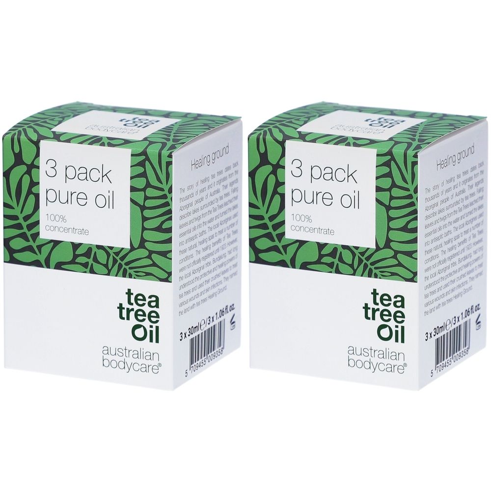Deux boîtes de Tea Tree Oil. Inscription : pack de 3, huile pure, concentré à 100 %. Marque : Australian Bodycare.