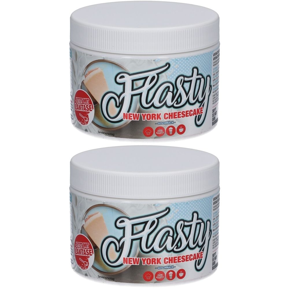 Deux pots blancs avec couvercles. Inscription Flasty New York Cheesecake. Autocollant rond avec texte.