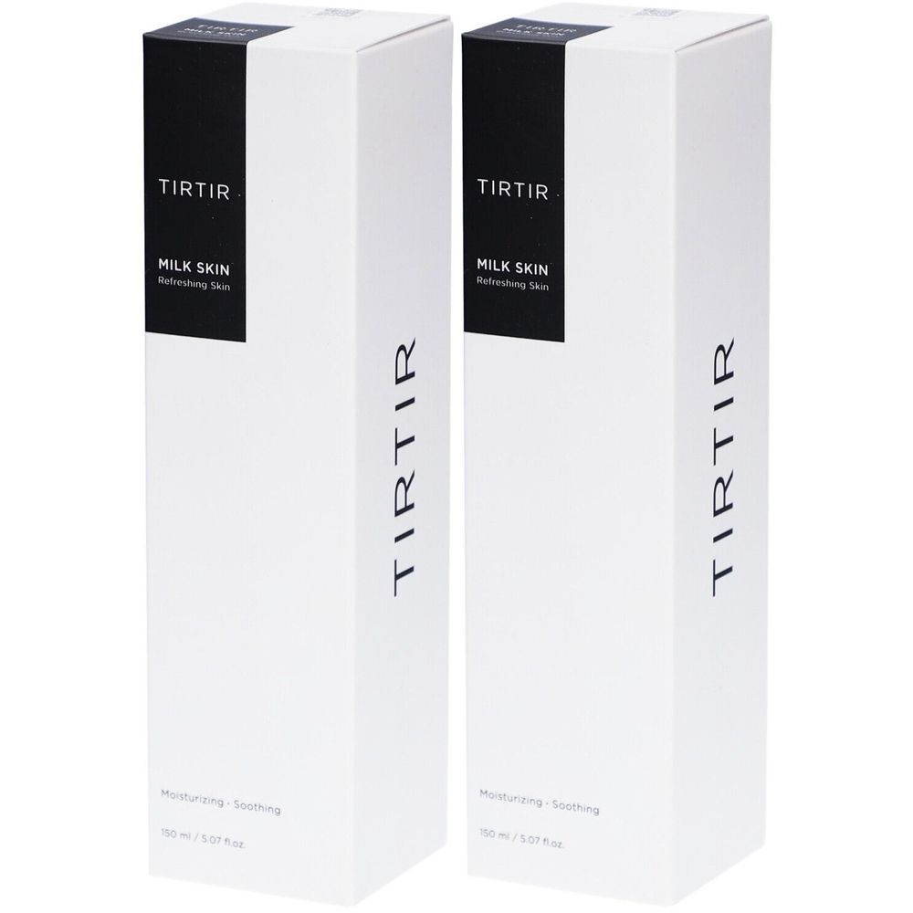 Zwei weiße Kartons mit schwarzem Aufdruck. Auf den Kartons steht "TIRTIR", "MILK SKIN" und "Refreshing Skin".