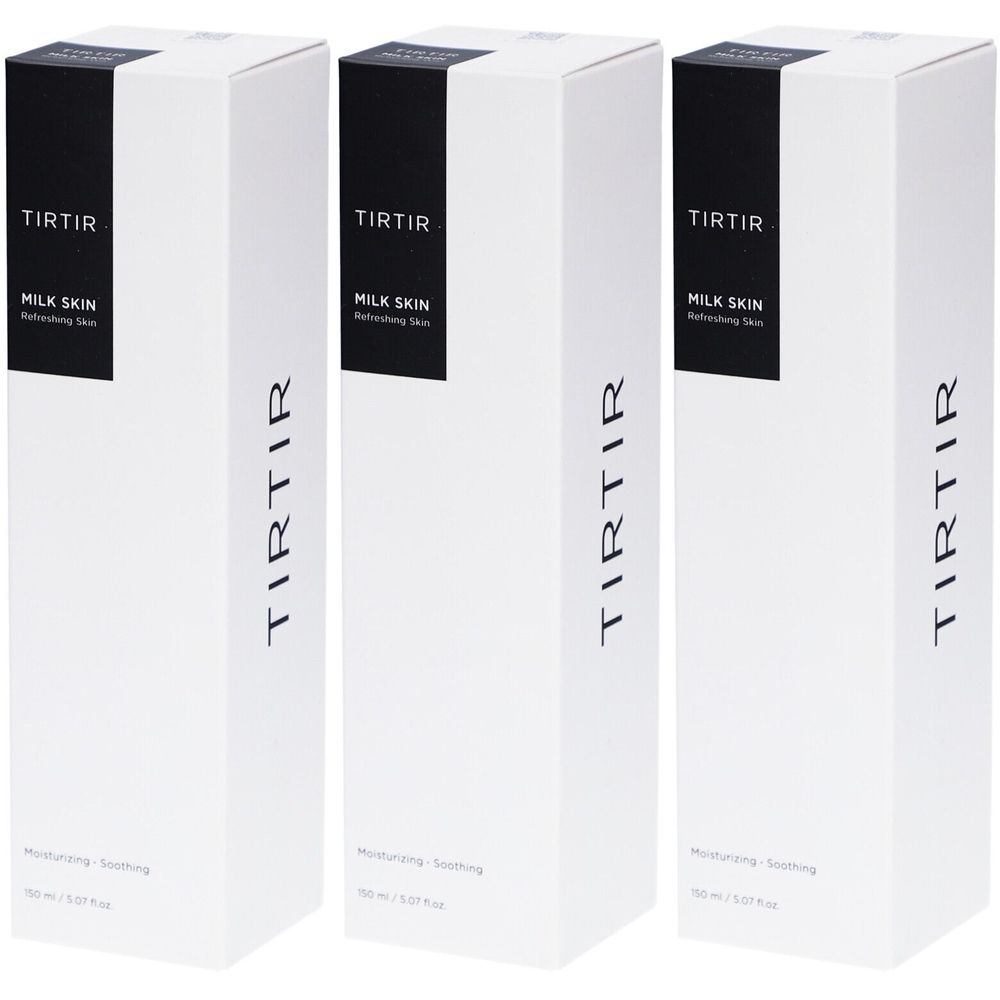 Drei weiße Kartons mit schwarzem Deckel. Aufschrift TIRTIR, MILK SKIN, erfrischende Haut. Vertikaler Schriftzug TIRTIR.