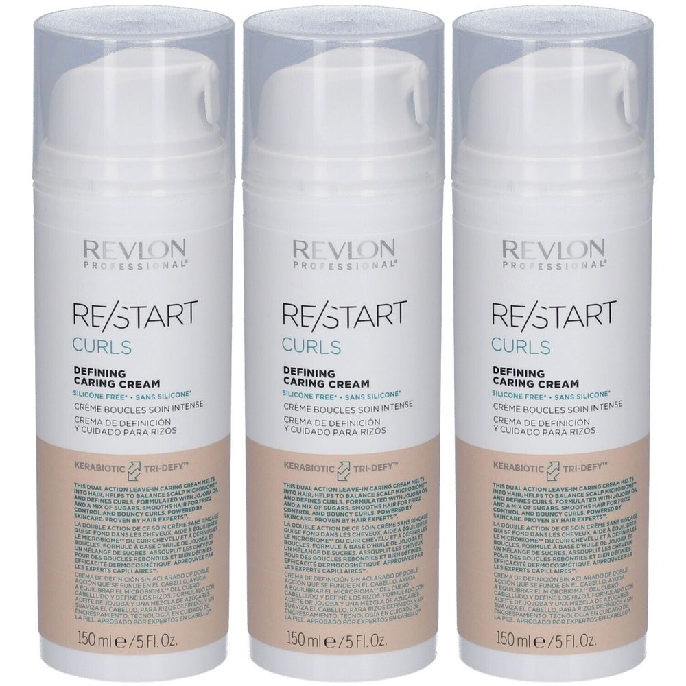 Trois flacons blancs de RE/START Curls Defining Caring Cream. Inscription: REVLON, Curls, Defining Caring Cream. 150ml.