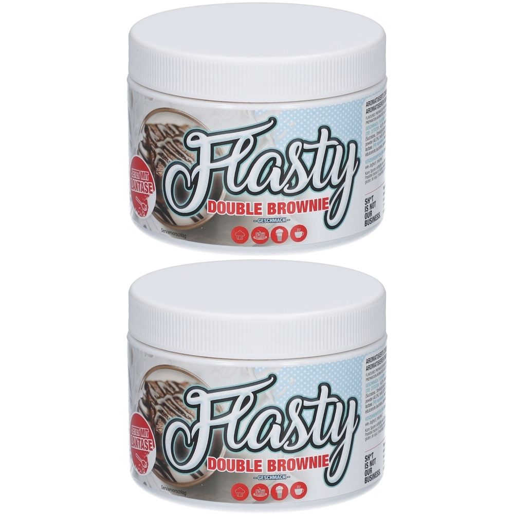 Zwei weiße Dosen mit Deckel. Aufschrift Flasty Double Brownie. Aufkleber mit Abbildung eines Brownies.