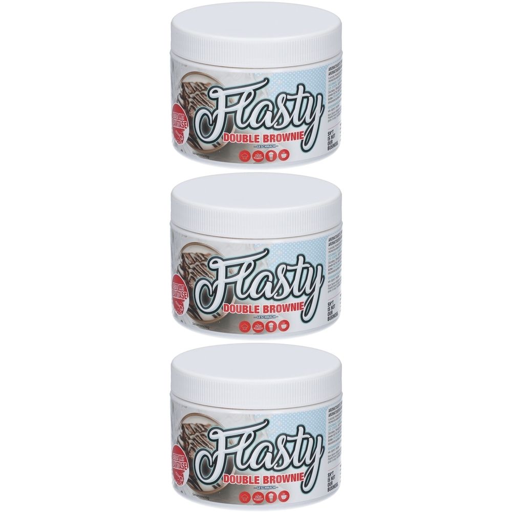 Drei weiße Dosen mit dem Aufdruck "Flasty Double Brownie". Auf jeder Dose ist ein Kuchenstück abgebildet.