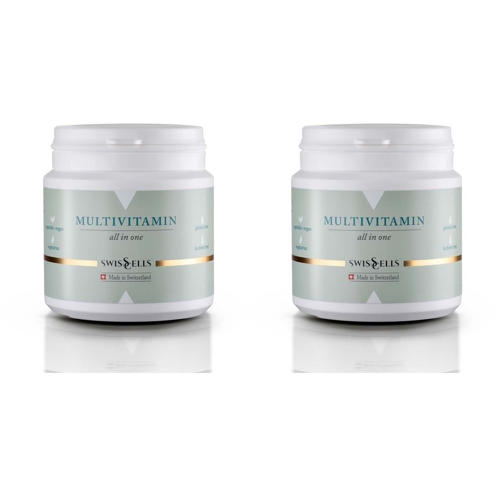 Zwei weiße Dosen mit Deckel. Auf der Etikette steht "MULTIVITAMIN all in one" und "SWISSCELLS". Goldener Streifen und Schweizer Flagge.