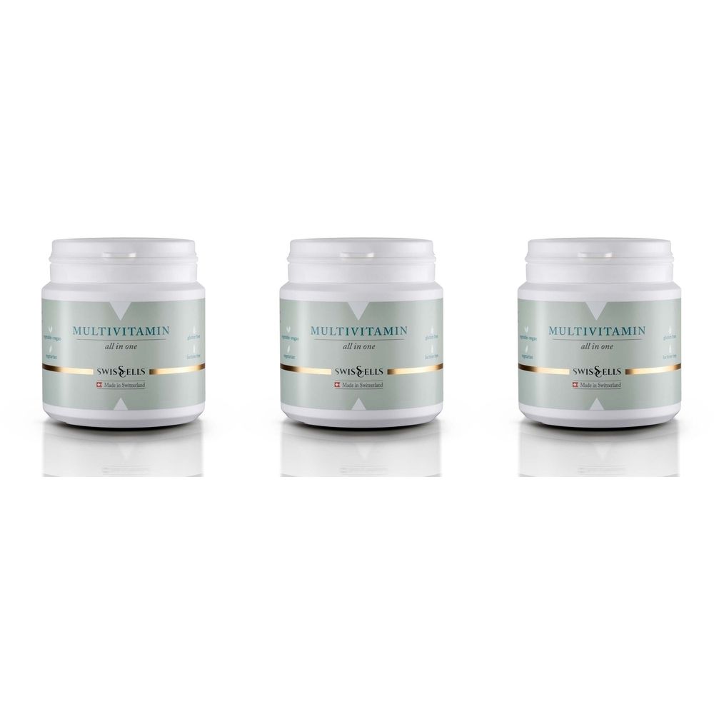 Drei weiße Behälter mit Deckel. Aufschrift: Multivitamin all in one. Marke: Swisscells. Goldener Streifen.