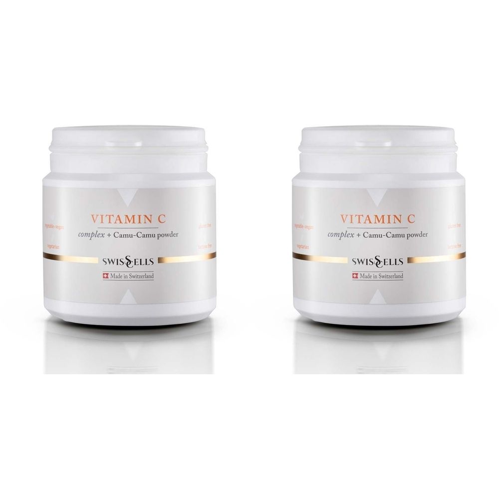 Deux pots blancs avec couvercles. Inscription: Vitamin C Complex + Camu-Camu powder. Marque: SWISSELLS. Fabriqué en Suisse.