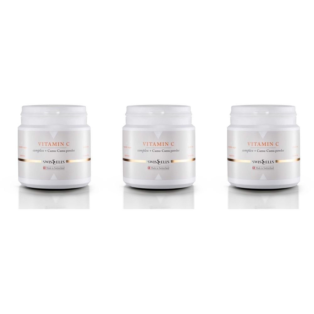 Trois pots blancs avec couvercles. Inscription: Vitamine C, Swisscells. Bande dorée au milieu. Inscription: Camu-Camu Pulver.