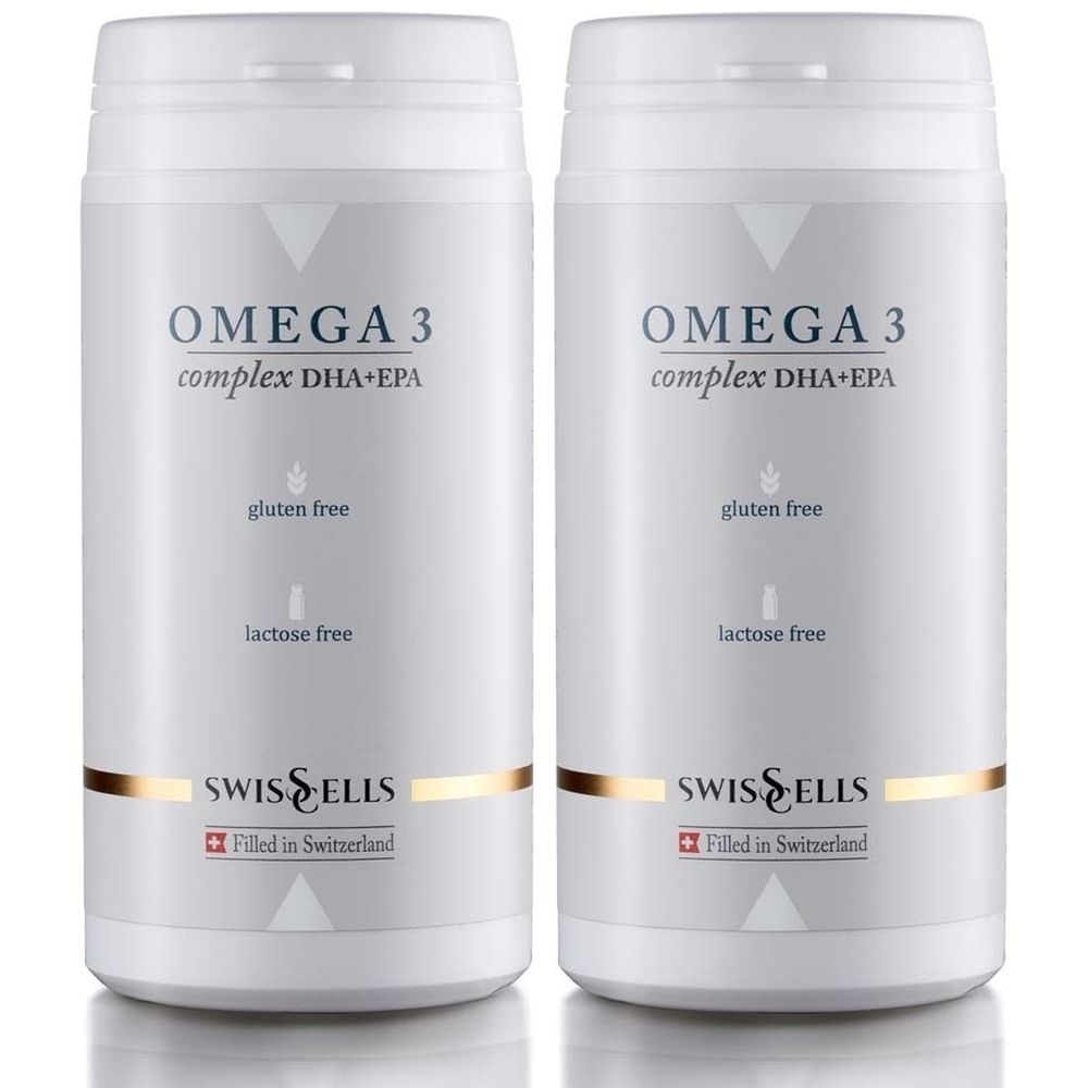 Deux boîtes blanches d'Omega 3 Complex. Inscription : sans gluten, sans lactose. Marque : Swisscells. Fabriqué en Suisse.