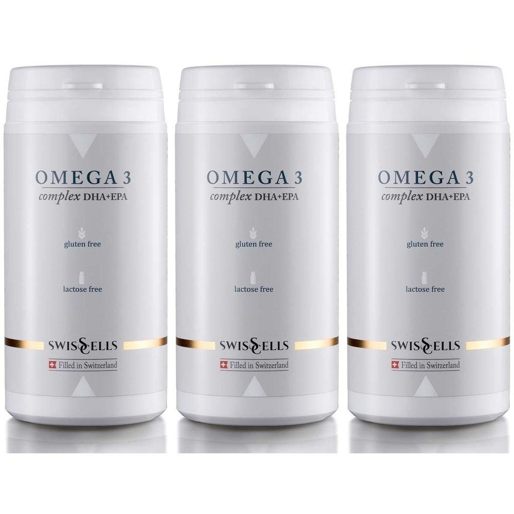 Trois flacons blancs « Omega 3 complex DHA+EPA ». Inscription : sans gluten, sans lactose. Marque : SWISSELLS. Fabriqué en Suisse.