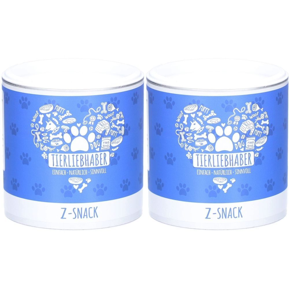 Zwei zylindrische Behälter mit blauem Etikett. Aufschrift: TIERLIEBHABER, Z-SNACK. Weiße Deckel. Pfotenmuster.